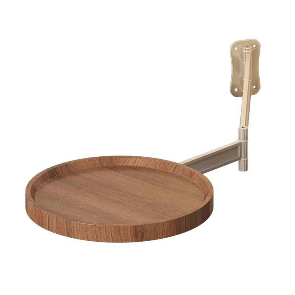 Adjustable Foldable Wall Mounted Round Wooden Side Table. Rotatable Swing Arm. Space Saving Fold Down Wall Shelf