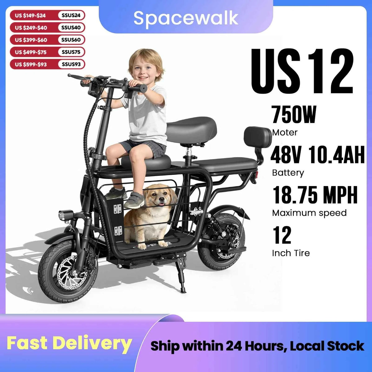 Eilleo Spacewalk 48V Electric Scooter for Adults with Large Pet Basket. 750W Motor, 18.75MPH, Foldable Commuter E-Scooter with Seat