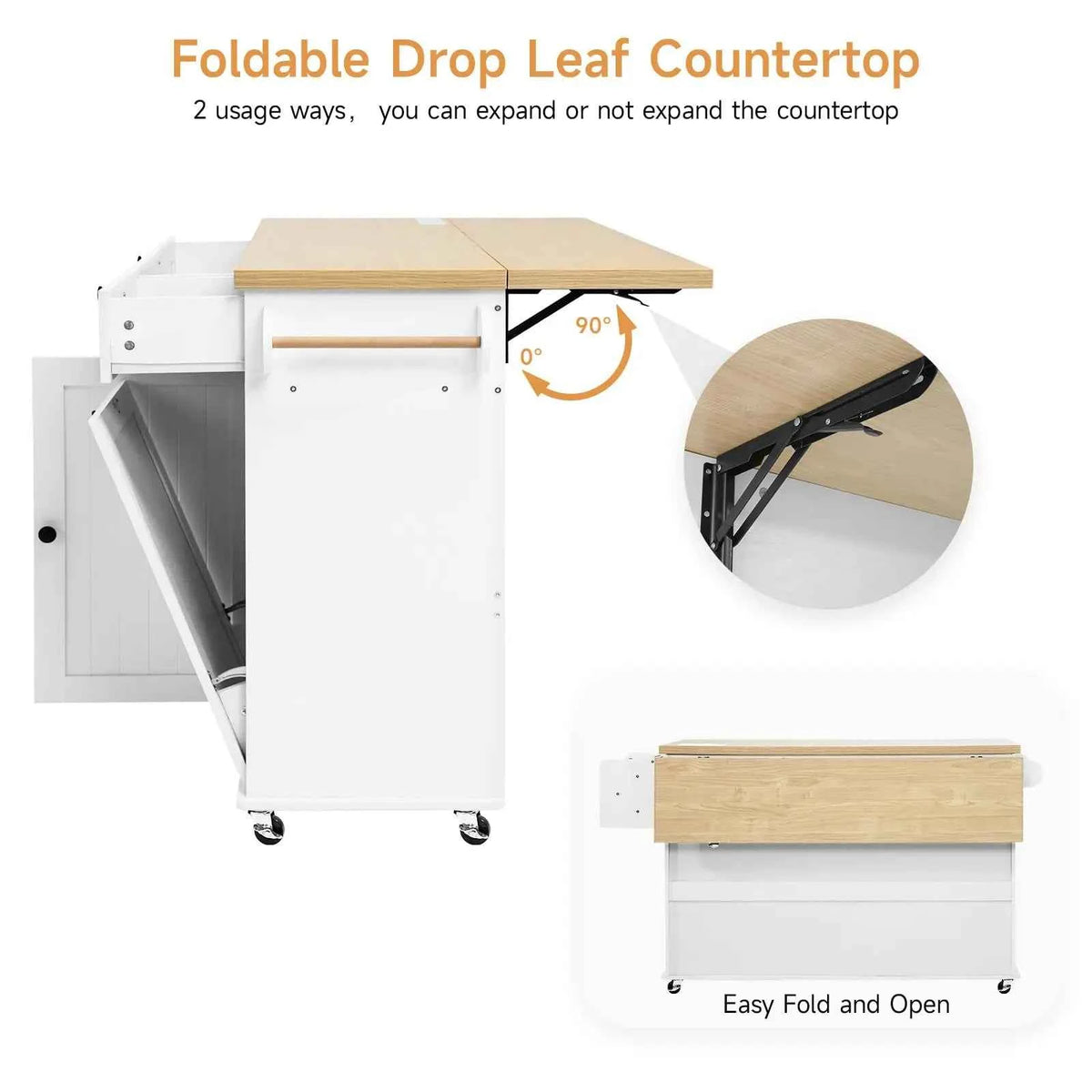 60" Mobile Kitchen Island Cabinet. Table Drop Leaf for additional space. With  Power Outlet, Spice & Towel Racks, Drawers and knife holders, Trash