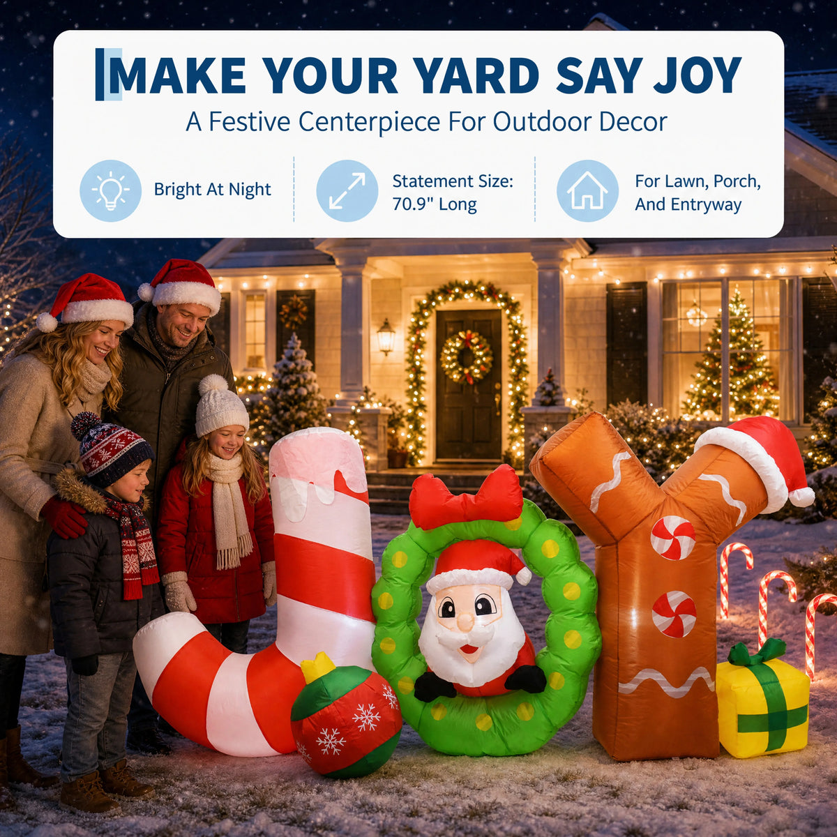 6ft Giant Lighted Christmas Inflatable JOY Sign  Outdoor Decoration. Waterproof Polyester Taffeta. Blow Up Yard Prop Holiday signs.