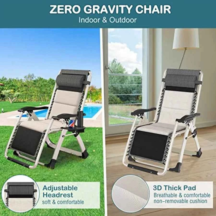 Padded Zero Gravity Chair, Folding Outdoor Lounge Chairs Adjustable Reclining Camping Chairs with Cup Holder Ergonomic