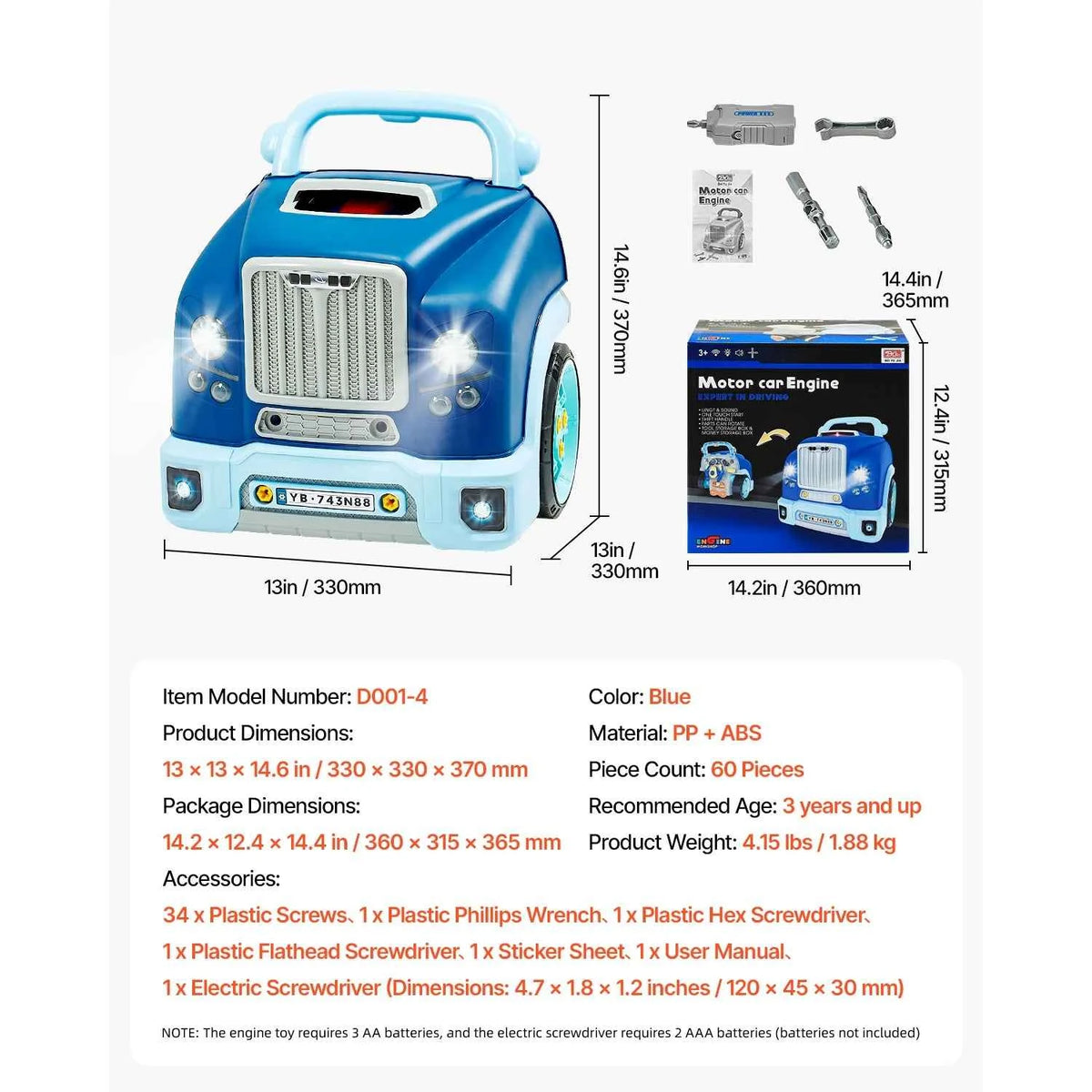 SucceBuy 60 Pcs Kids Mechanic Car Repair Set with Removable Parts & Horn. Workshop Set Engine Toy for Toddler & Children