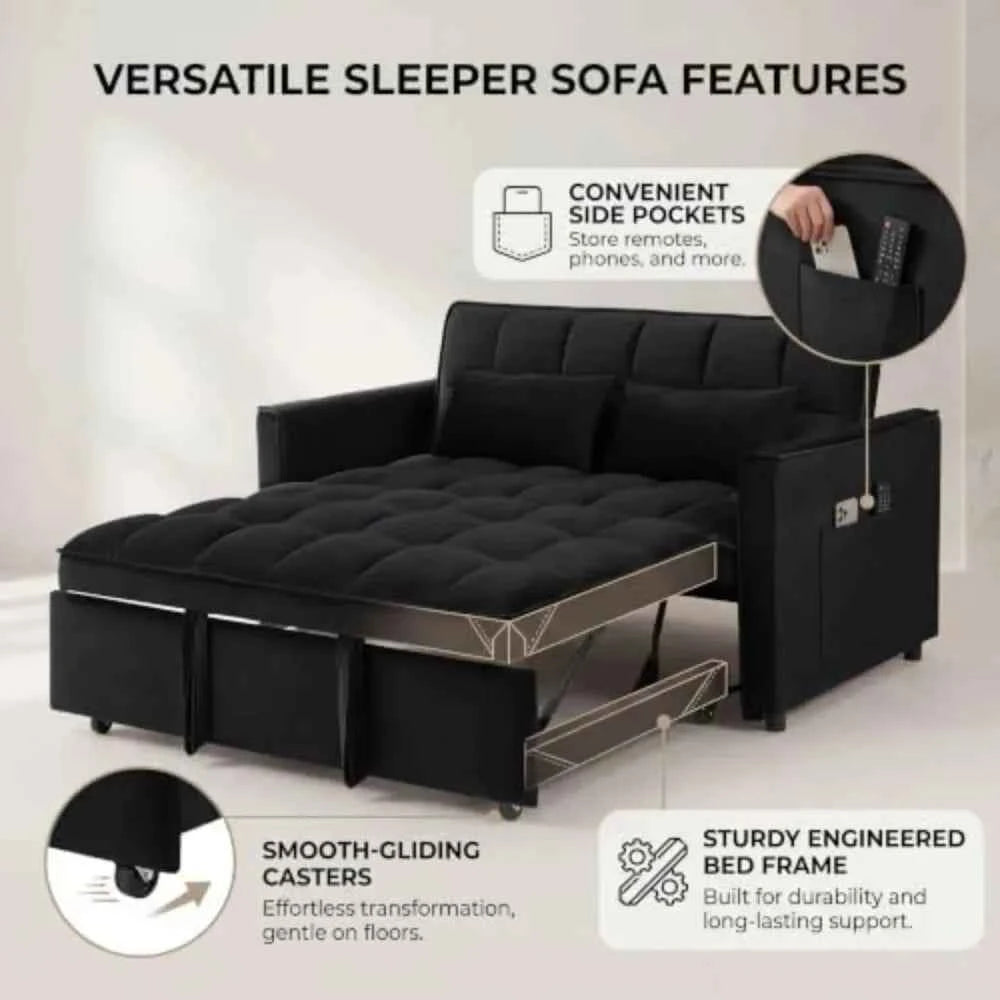 3 in 1 Convertible Sleeper Sofa Bed, 54'' Full Size Velvet Pull Out Futon Couch. With Reclining Backrest & 2 Pillows
