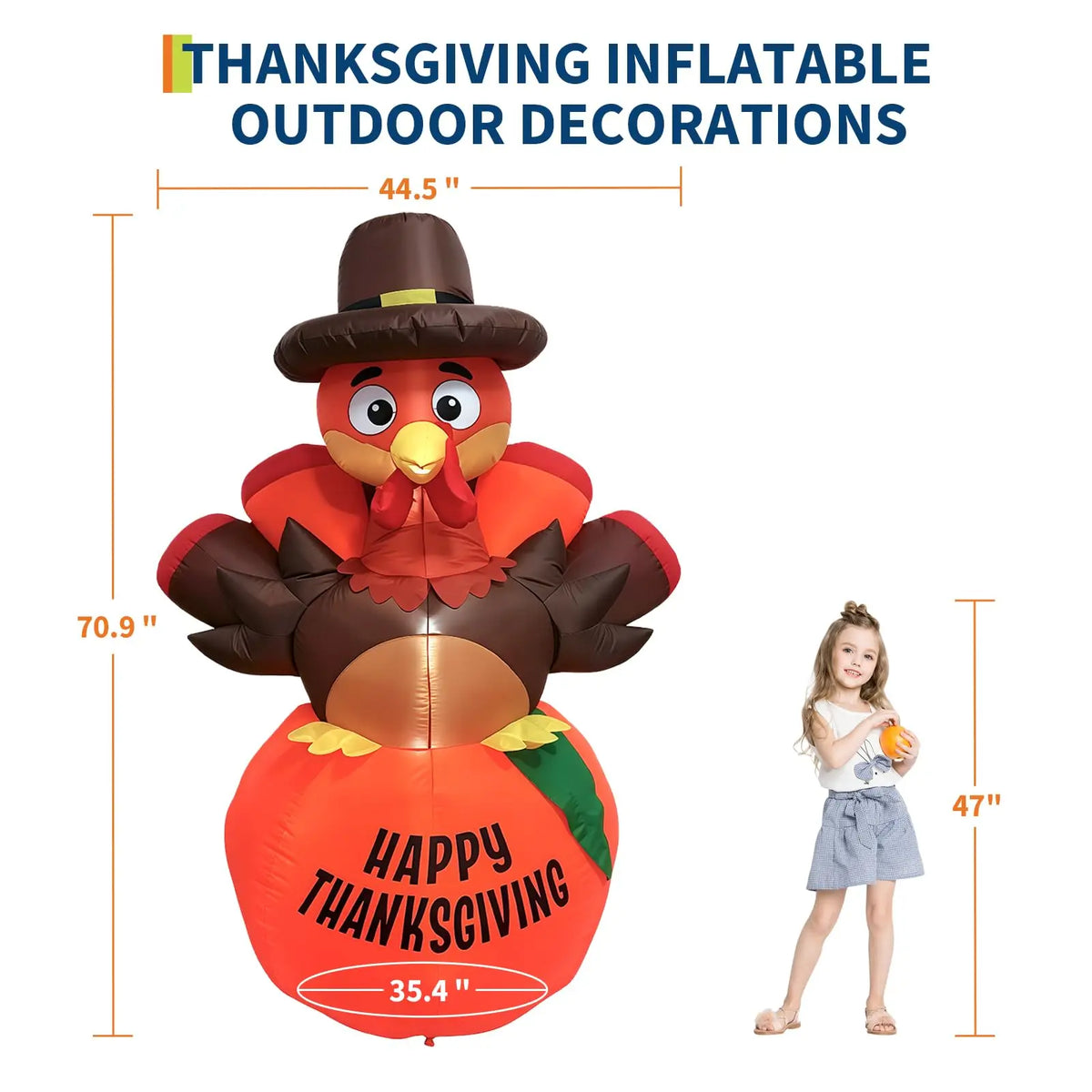 6ft Inflatable Thanksgiving Pumpkin and Turkey, With 7 Led Lights, Blower, Stakes & Ropes For Lawn, Porch, Garden.