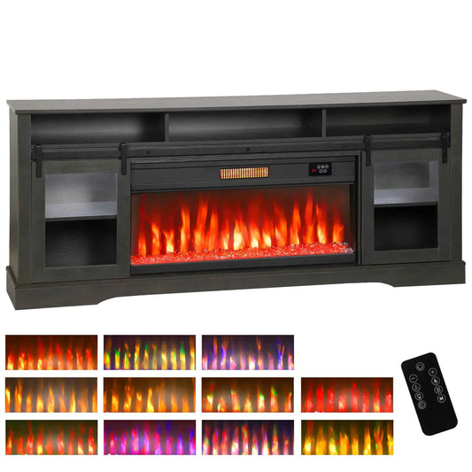 Fireplace TV Stand for TVs Up to 80 Inches, Modern Entertainment Center with 36" Glass Electric Fireplace & LED Lights, TV Console with Open Storage and Side Cabinets for Living Room, Black