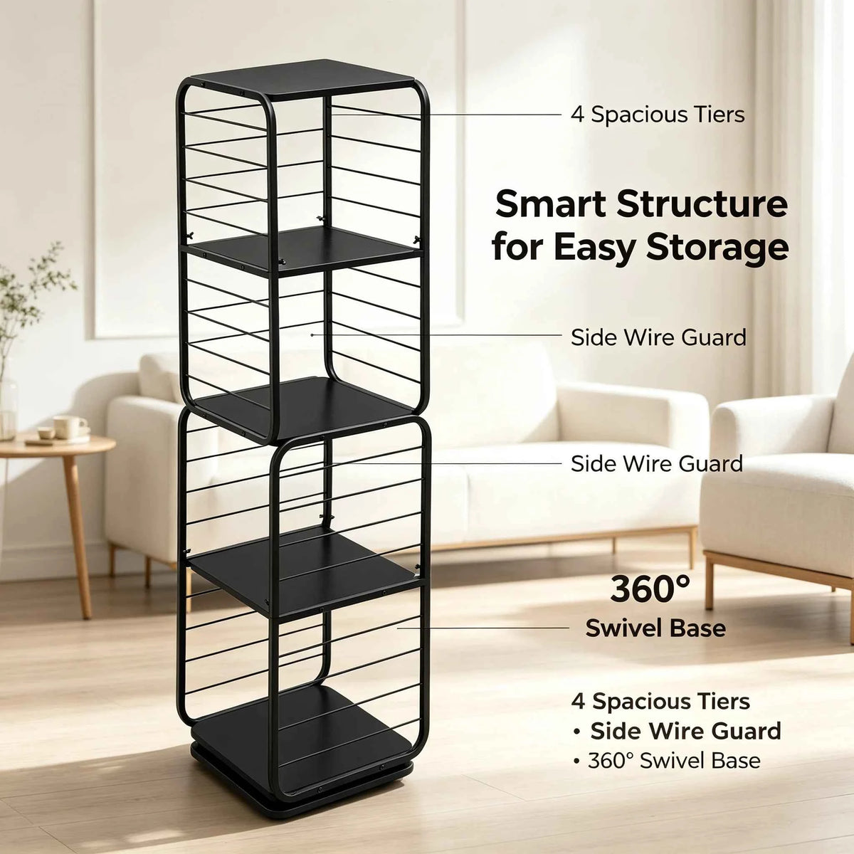 4-Shelf Steel Rotating Bookcase with 132 lbs. Capacity. 360° Swivel Display Rack,  Freestanding Storage Organizer.  Black