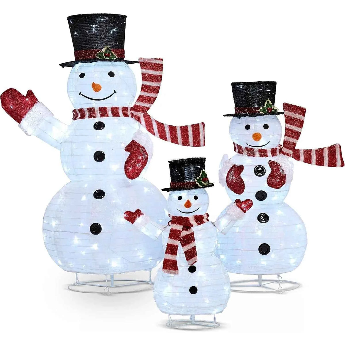 JOYFY 3 Pc 3D Christmas Collapsible Snowman Yard Light. 270 PreLit LED Cool White Light for Christmas, Indoor or Outdoor Garden Décor