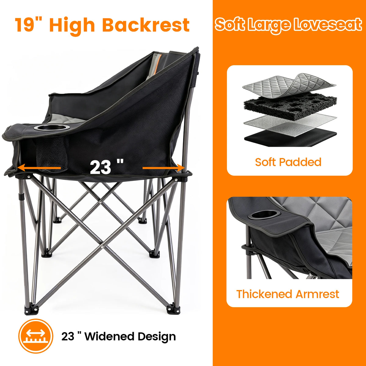 Double Folding Camping Chair, Heavy Duty Oversized 2-Person. 600D Oxford Portable Outdoor Seat with 660LBS Weight Capacity, Cup Holders, Storage Pocket, Ideal for Beach, Fishing, Picnic, Travel