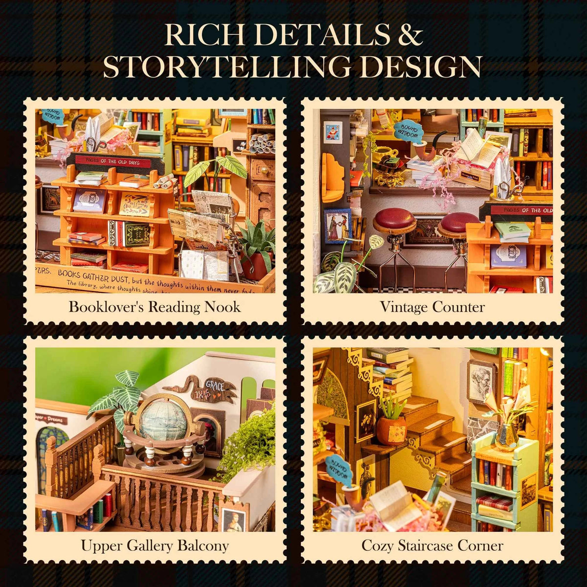 Rolife Wooden Dollhouse 3D Puzzle,  Page story Bookstore, DIY Miniature House Craft Kit Kit with LED Light for Bookshelf Decor. Brain Teasers, Jigsaw Toys, Holiday Gift for Book Lovers