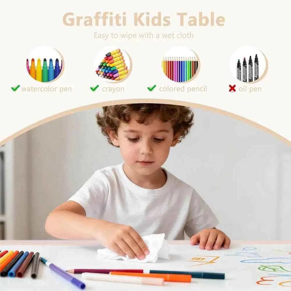 Kids Table & 4 Chairs Set, Height Adjustable Children Activity Table w/Storage, Graiti & Building Blocks Tabletop, Toddler urnit