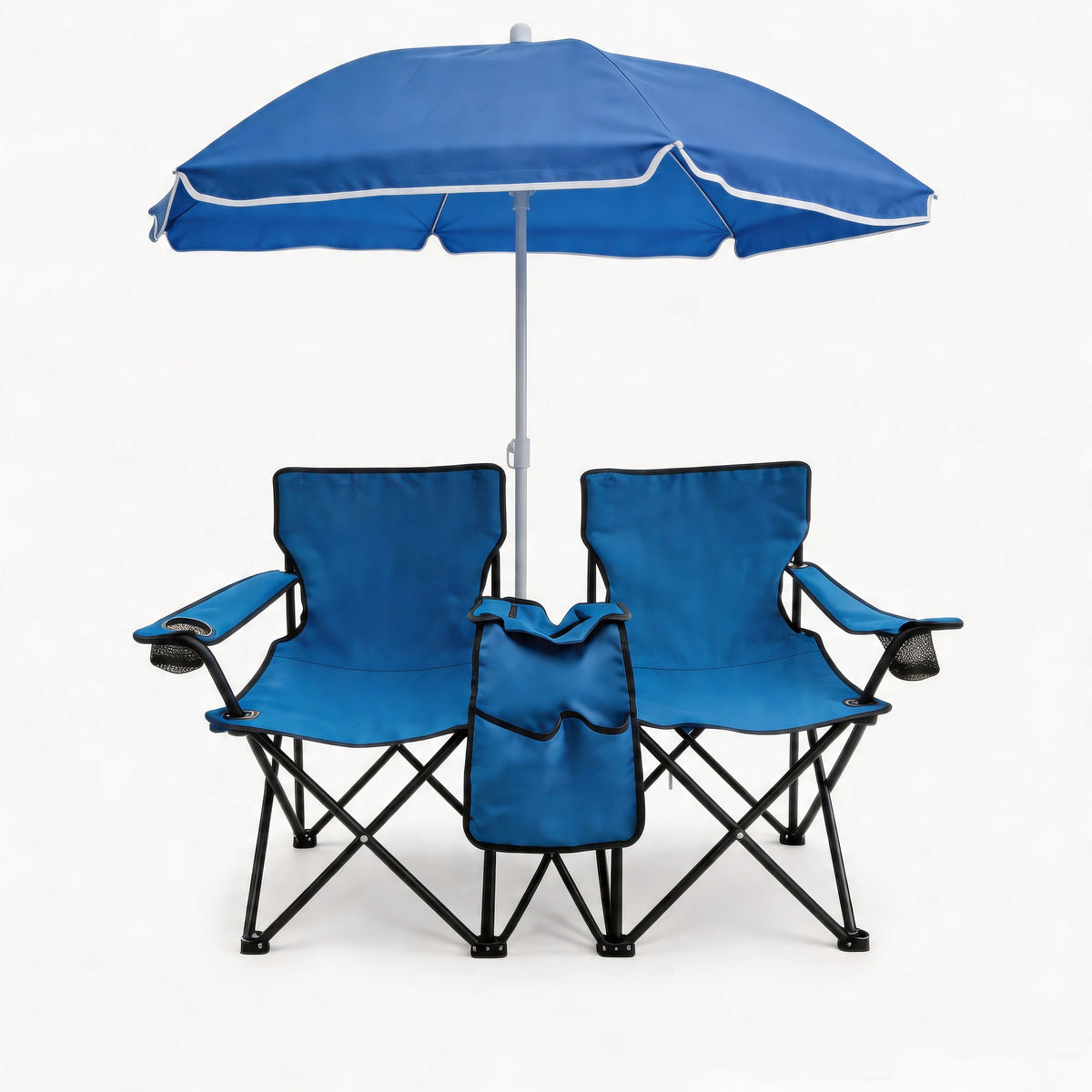2 Person Folding Camping Chair Set with Umbrella, Cup Holders, Built in Cooler. Portable Outdoor Double Chair set