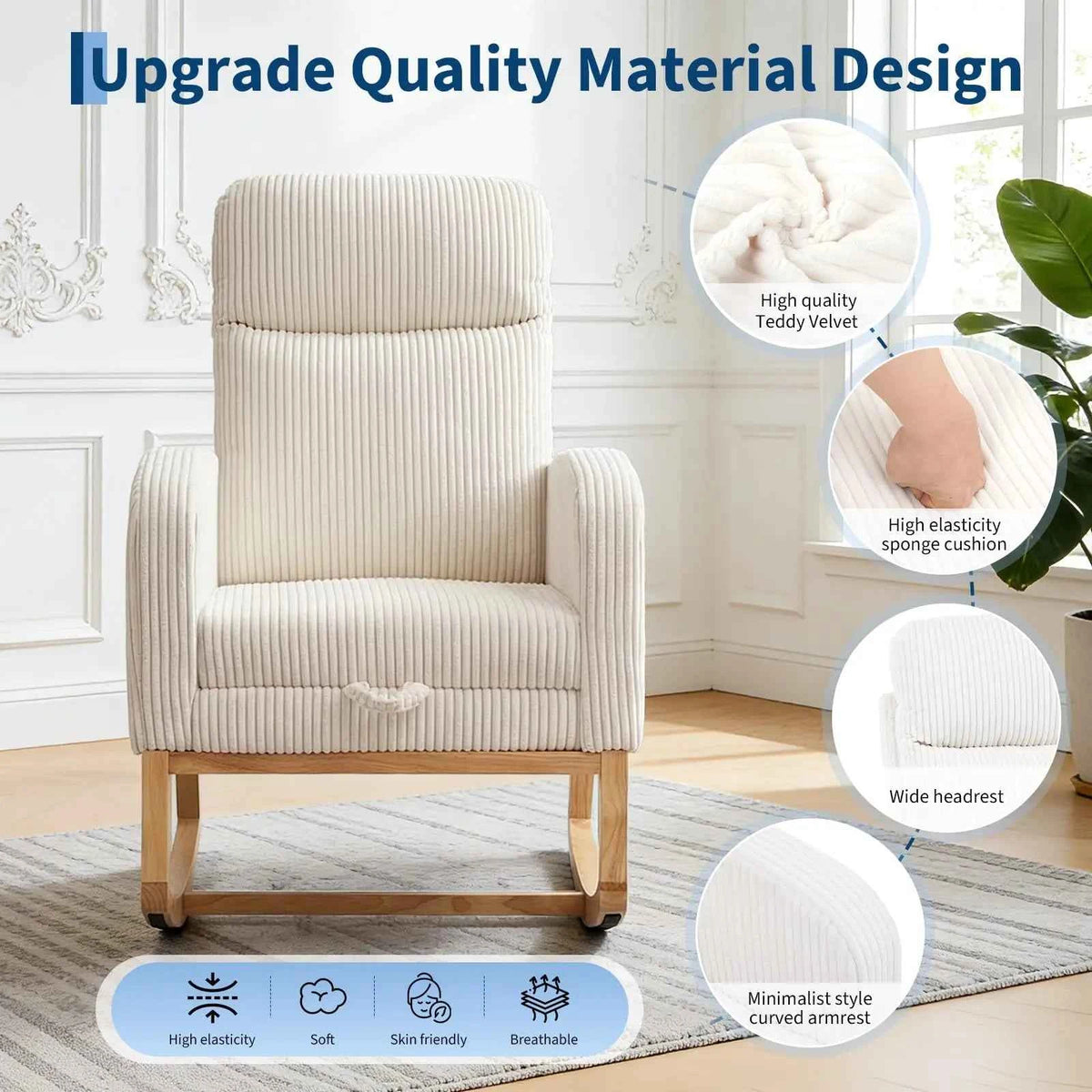 Corduroy Nursery Rocking Chair, Tufted Glider Rocker with Adjustable Footrest & Side Pocket for Bedroom Living Room