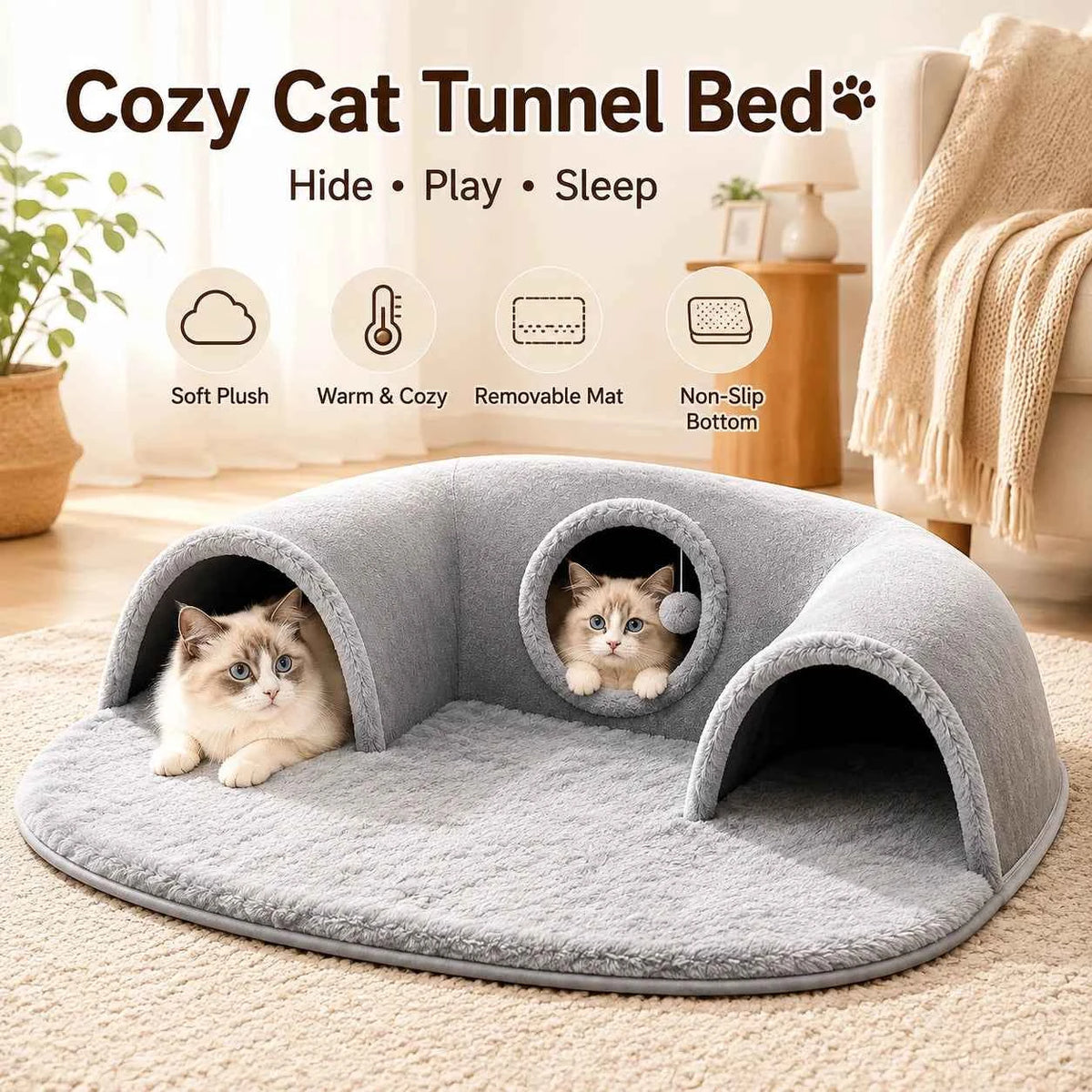 Multifunctional U-shaped Cat Tunnel Bed—A Detachable, Washable Plush material; .