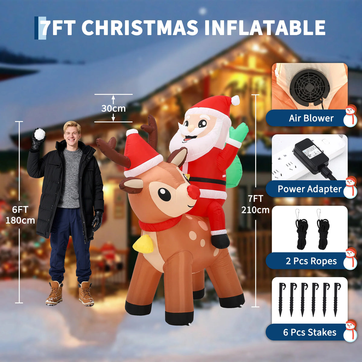 7FT Giant Inflatable Santa Claus with Reindeer Outdoor Christmas Decoration. Built In LED Lights. Weatherproof Polyester for Winter Festival Yard, Display Props