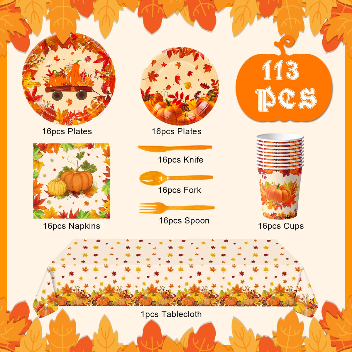 113 Pcs Thanksgiving Party Supplies Tableware - Thanksgiving Plates and Napkins Tablecloth Cups for Thanksgiving Decorations & Friendsgiving Decorations & Fall Party Decorations