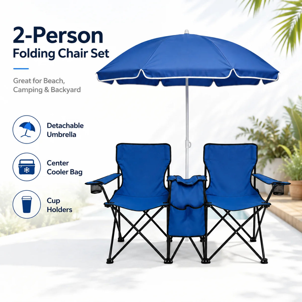 2 Person Folding Camping Chair Set with Umbrella, Cup Holders, Built in Cooler. Portable Outdoor Double Chair set