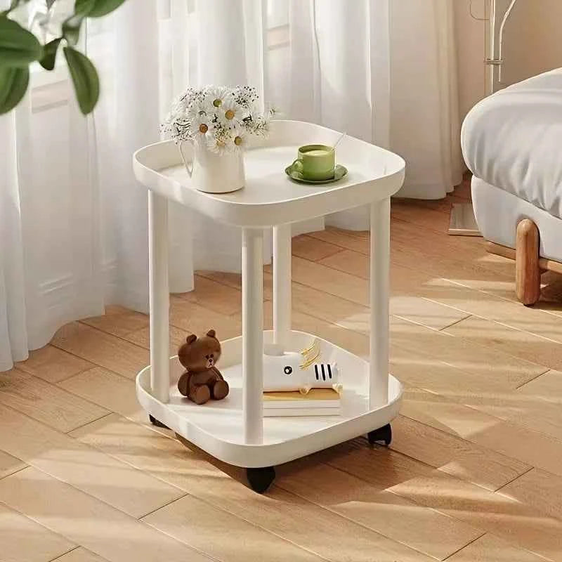 Multifunctional 2-Tier Round Side Table with Lockable Wheels, INS Style  Movable Storage Rack Cart,