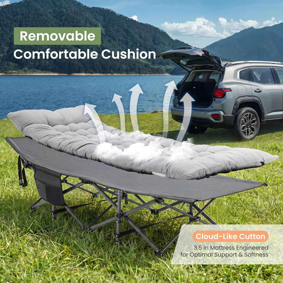JHK Folding Camping Makeshift Bed Beach Lounge Chair. Portable 3.5'' Cushion 440 lbs. Sturdy Frame, Compact, Carry With Storage Bed for Outdoor, Camping, Hiking