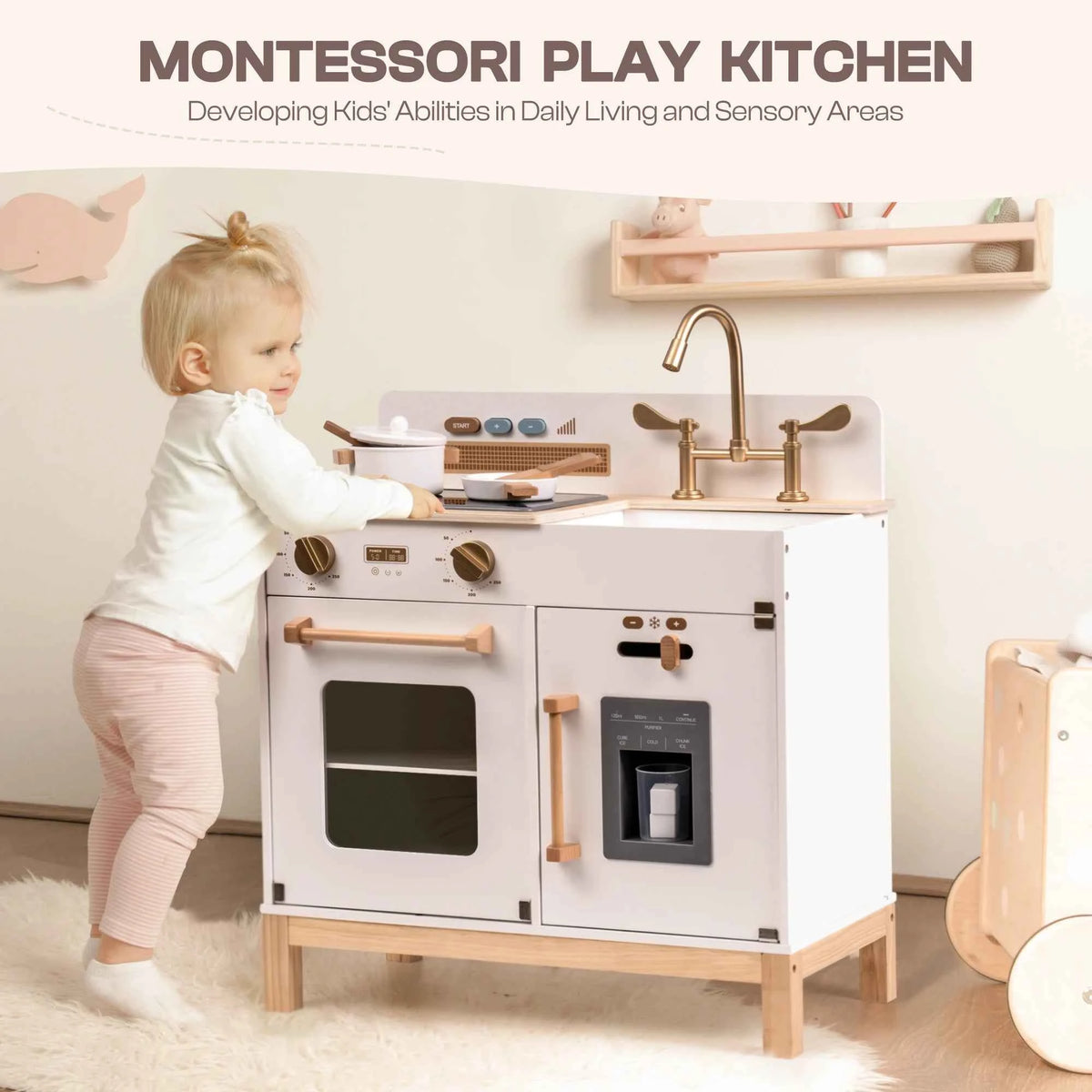 ROBUD Wooden Kids Kitchen Playset with Sound, Light, Stove, Oven Pot, and Utensils. Educational Role Play Toy Gift for 3-6 Years, White