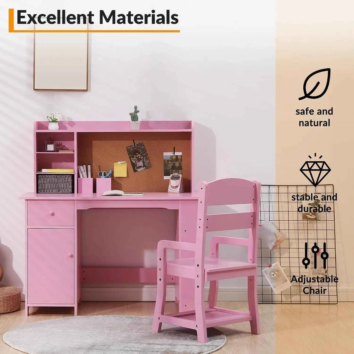 Kids Desk and Chair Set, Wooden Study Table with Bookshelf, Bulletin Board, Storage Shelf, Cabinet & Drawer,  Desk for Ages 3-8, Pink