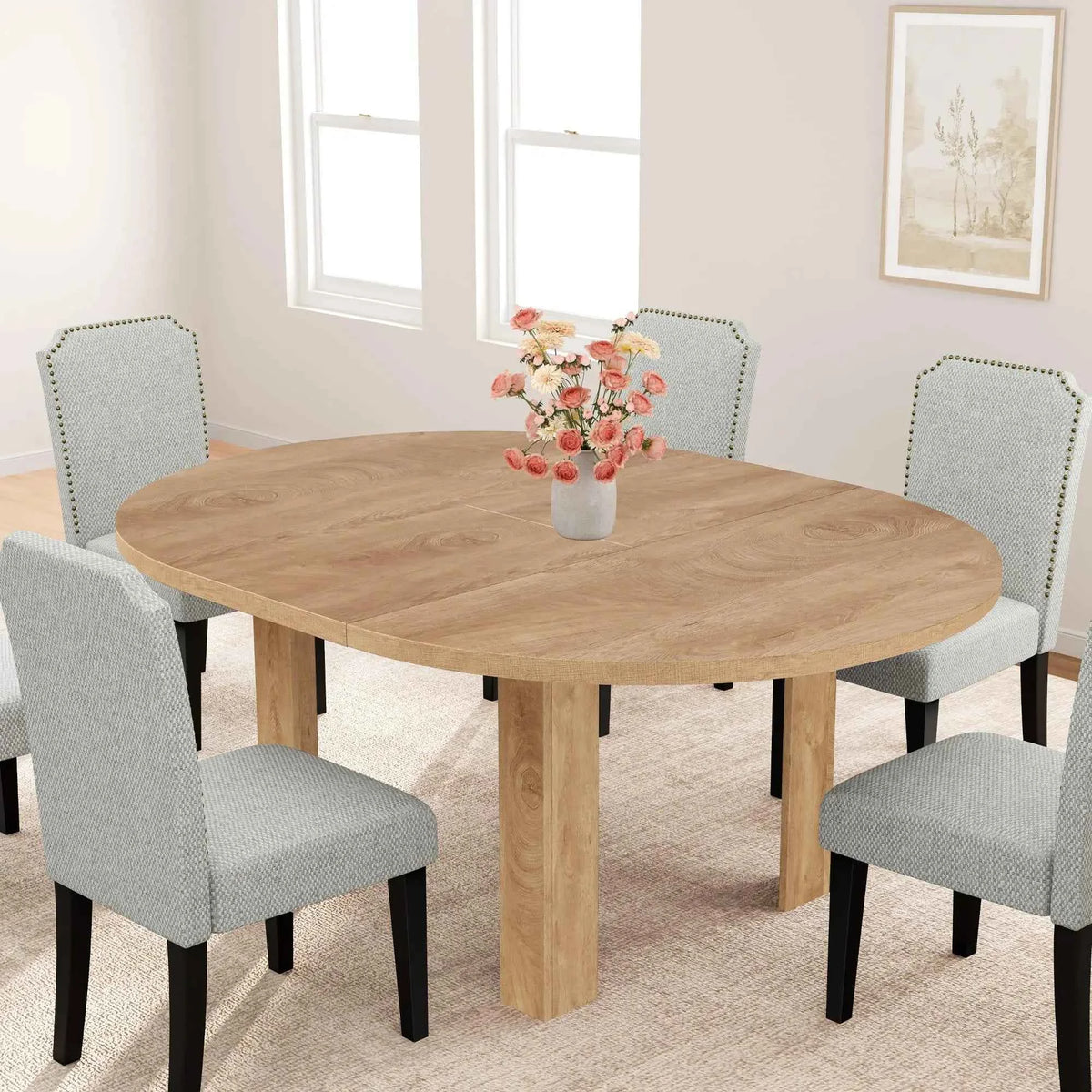 47-63 Inch Extendable Round To Oval Dining Table For 4-6, Farmhouse Kitchen Table With Hidden Leaf Storage And Sturdy Wood Legs