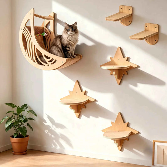Wall Mounted Cat Shelves Set. Moon Shape Hammock. Star Perches &Climbing Steps.  For  Cats Indoor, Res,, Playing or Sleeping