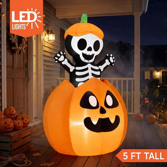 5FT Halloween Animated Inflatables Outdoor Decorations, Inflatable Skeleton On Pumpkin with LEDs, Cute Blow Up Pumpkin Skeleton Decor for Outside Yard
