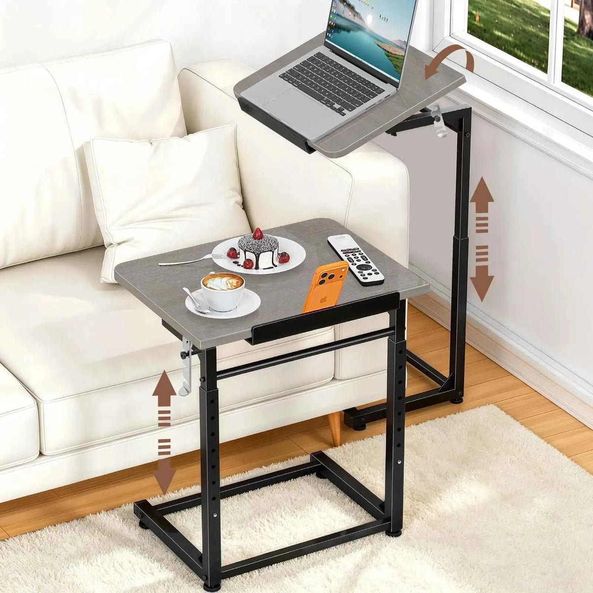 Extra Large Heavy Duty TV Tray Table, 23.6" Folding C-Shaped. Laptop Desk.  Height & Tilt Adjustable. End Table with Phone/Tablet Slot, Easy Clean. Walnut Finish