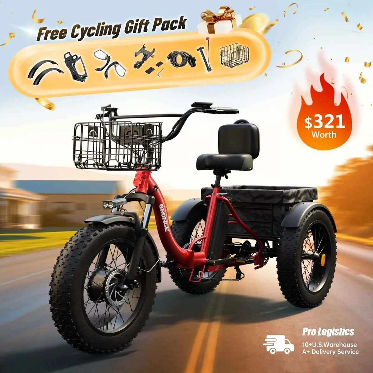 QRONGE Electric Bike for Adults 1200W Peak, 36V, 20AH Battery, Folding Electric Tricycle. 75 Miles Range Max. 20MPH, 20"*4" Fat Tire. Electric Trike