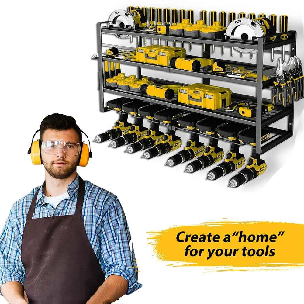 Power Tool Storage Rack 4 Layers Organizer-8 Tool Floating Shelf Wall Mount Heavy Duty Iron Drill Holder for Workbench