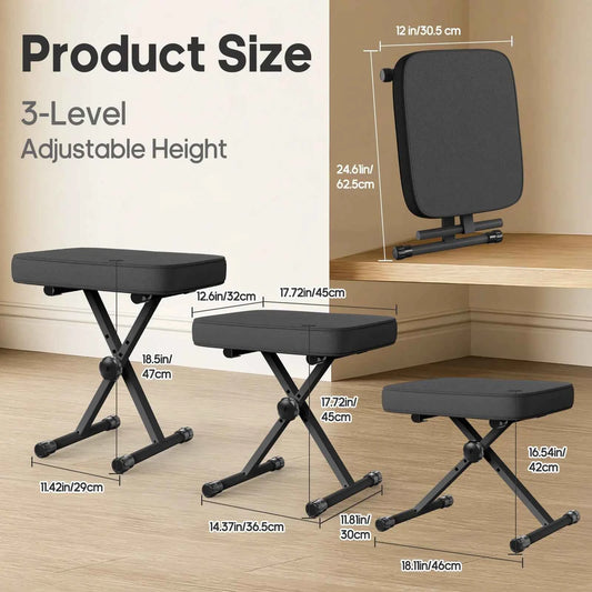 JHK X-shaped Adjustable Padded Folding Chairs for Living Room. Sturdy Metal Collapsible Piano, Guitar Stool with 2.56 Inch Thickness High-Density Sponge and 3-Position Height