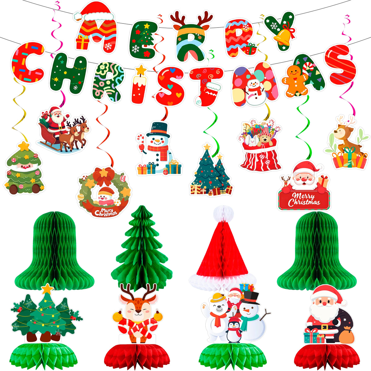 30 Pcs Christmas Party Decorations - Merry Christmas Banner & Christmas Honeycomb Decorations/Christmas Table Centerpieces & Christmas Hanging Swirls for Xmas Party Decorations