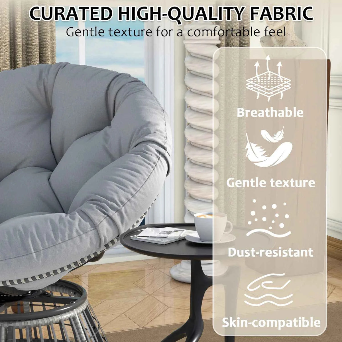 Swivel Papasan Outdoor Wicker Patio Lounge Chair with Thick Cushion, All-Weather Rattan Accent Chair for Backyard, Porch, Garden