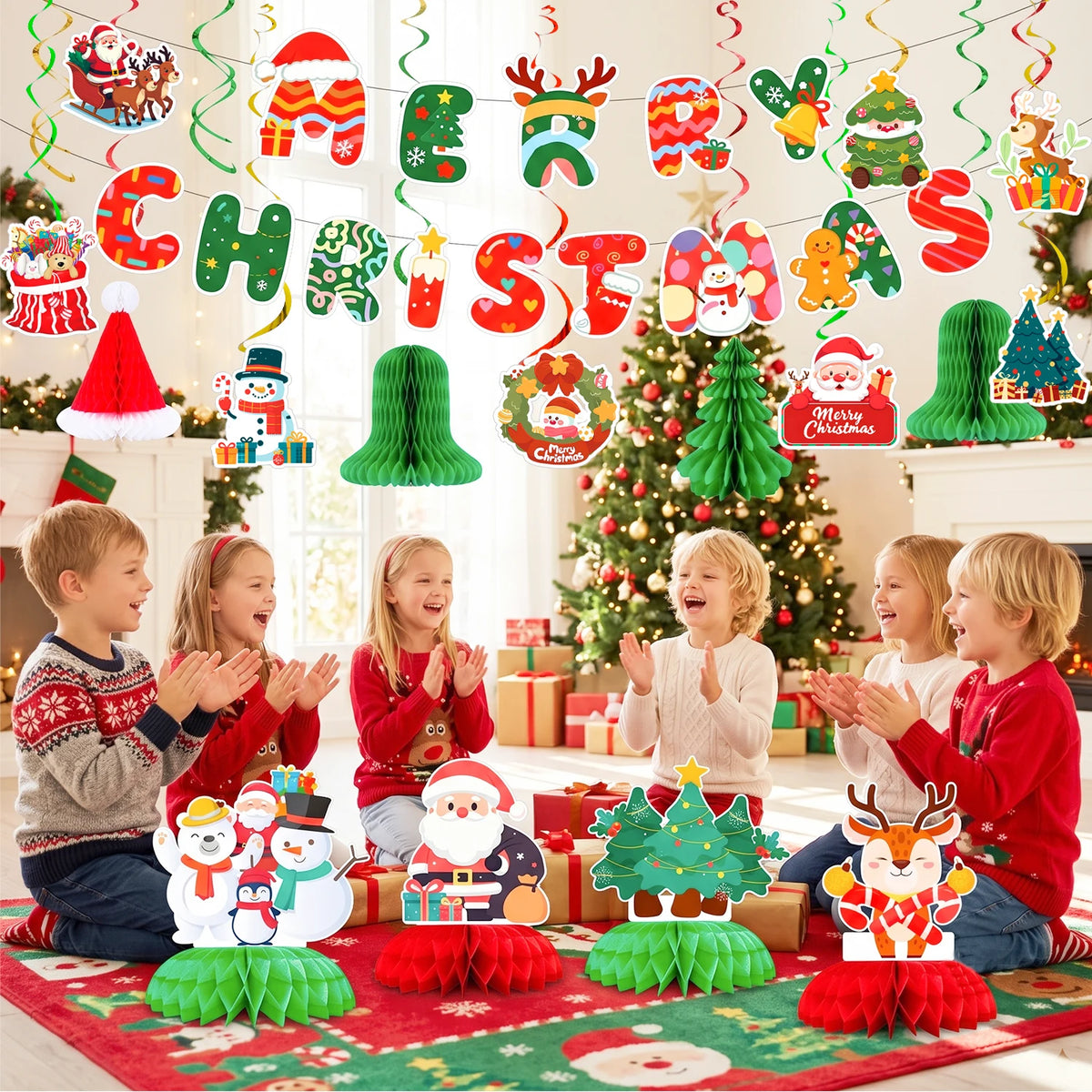 30 Pcs Christmas Party Decorations - Merry Christmas Banner & Christmas Honeycomb Decorations/Christmas Table Centerpieces & Christmas Hanging Swirls for Xmas Party Decorations