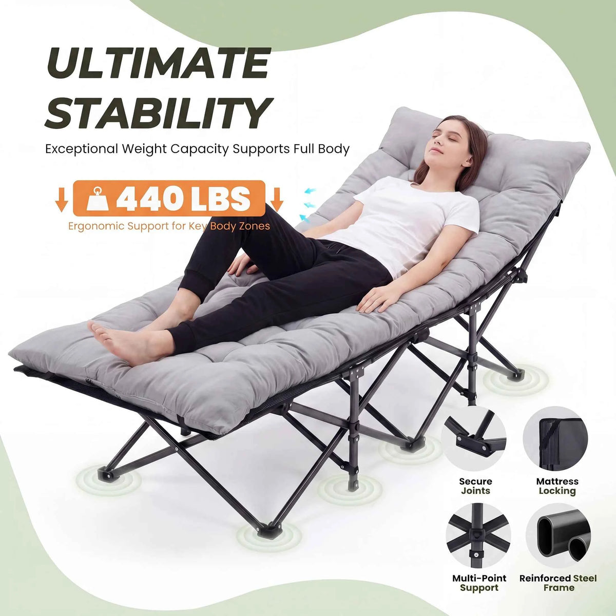 JHK Folding Camping Makeshift Bed Beach Lounge Chair. Portable 3.5'' Cushion 440 lbs. Sturdy Frame, Compact, Carry With Storage Bed for Outdoor, Camping, Hiking