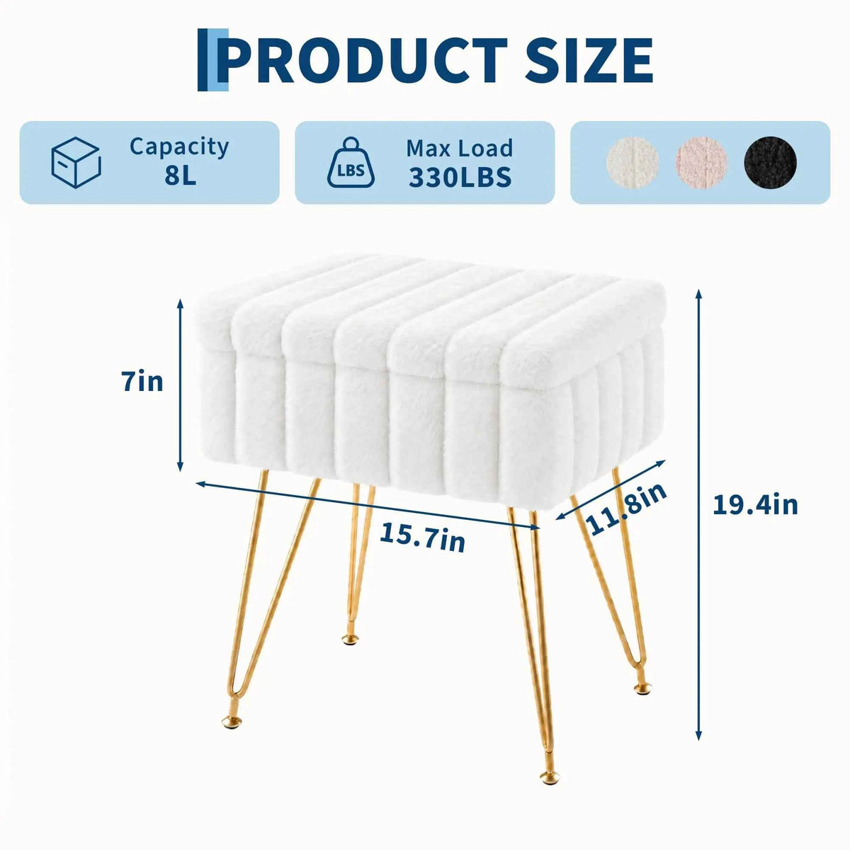 Vanity Stool With Storage, Faux Fur Ottoman With Gold Metal Legs, Soft Padded Makeup Seat Foot, Rest For Bedroom, Living Room