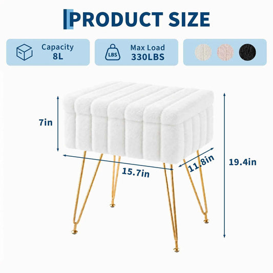 Vanity Stool With Storage, Faux Fur Ottoman With Gold Metal Legs, Soft Padded Makeup Seat Foot, Rest For Bedroom, Living Room