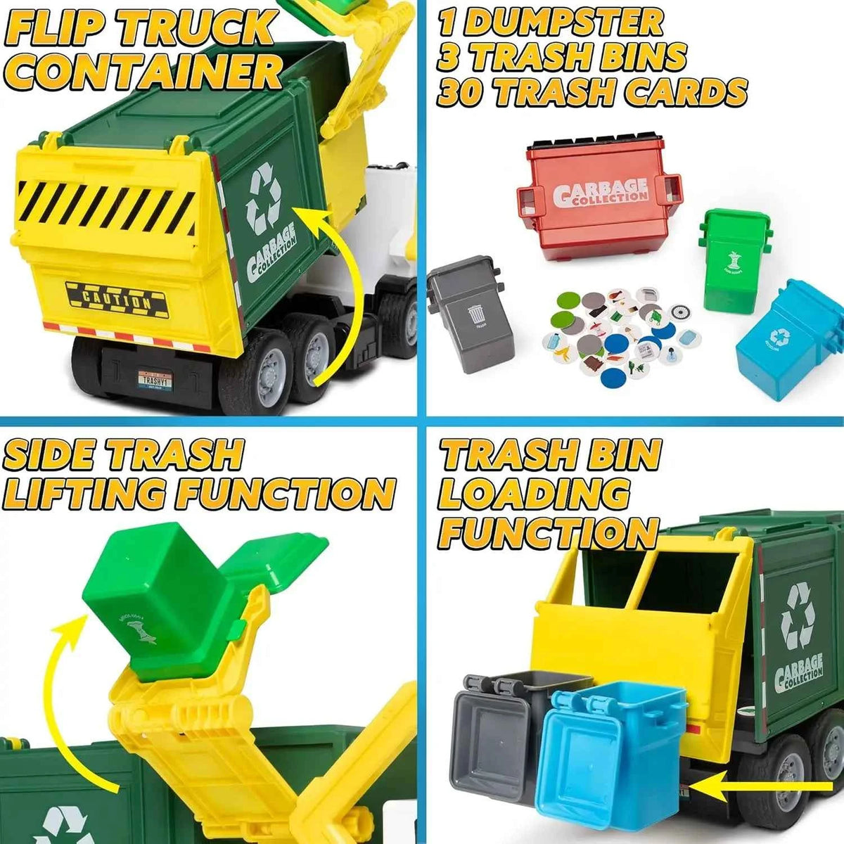 JOYFY Large Friction Powered Garbage Truck Toy Set & Includes Dumpster Trash Bins.