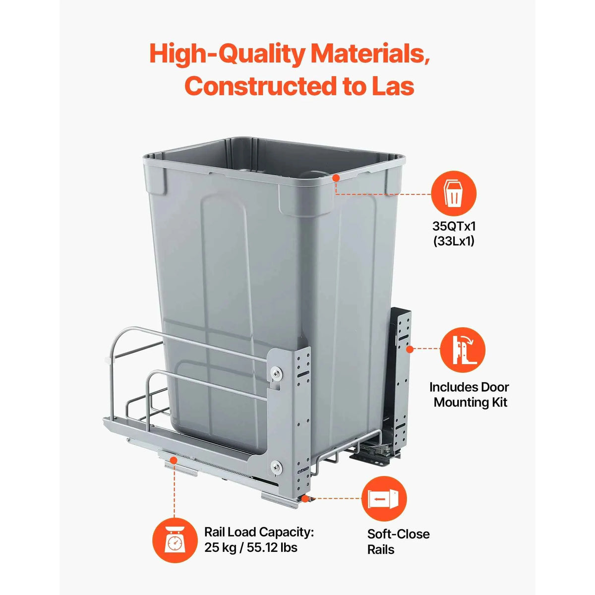 SucceBuy Pullout Trash Can for Kitchen Cabinets w/Heavy Duty Metal Soft Close Sliding System and Door Kit for Sink Under Counter