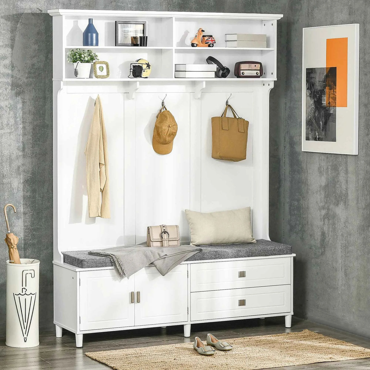 Storage Shelves, and Drawers with Coat Tree for Entryway, Hallway,  Mudroom, White