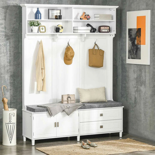 Storage Shelves, and Drawers with Coat Tree for Entryway, Hallway,  Mudroom, White