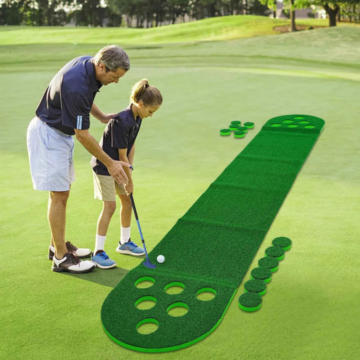 Miniature Golf Course - Green Base 118*19*1in Complete Set a Golf Course Mat, Two Golf Clubs and Two Golf Balls Different Difficulty Levels, Foldable Suitable for All Kinds of People Outdoor Play