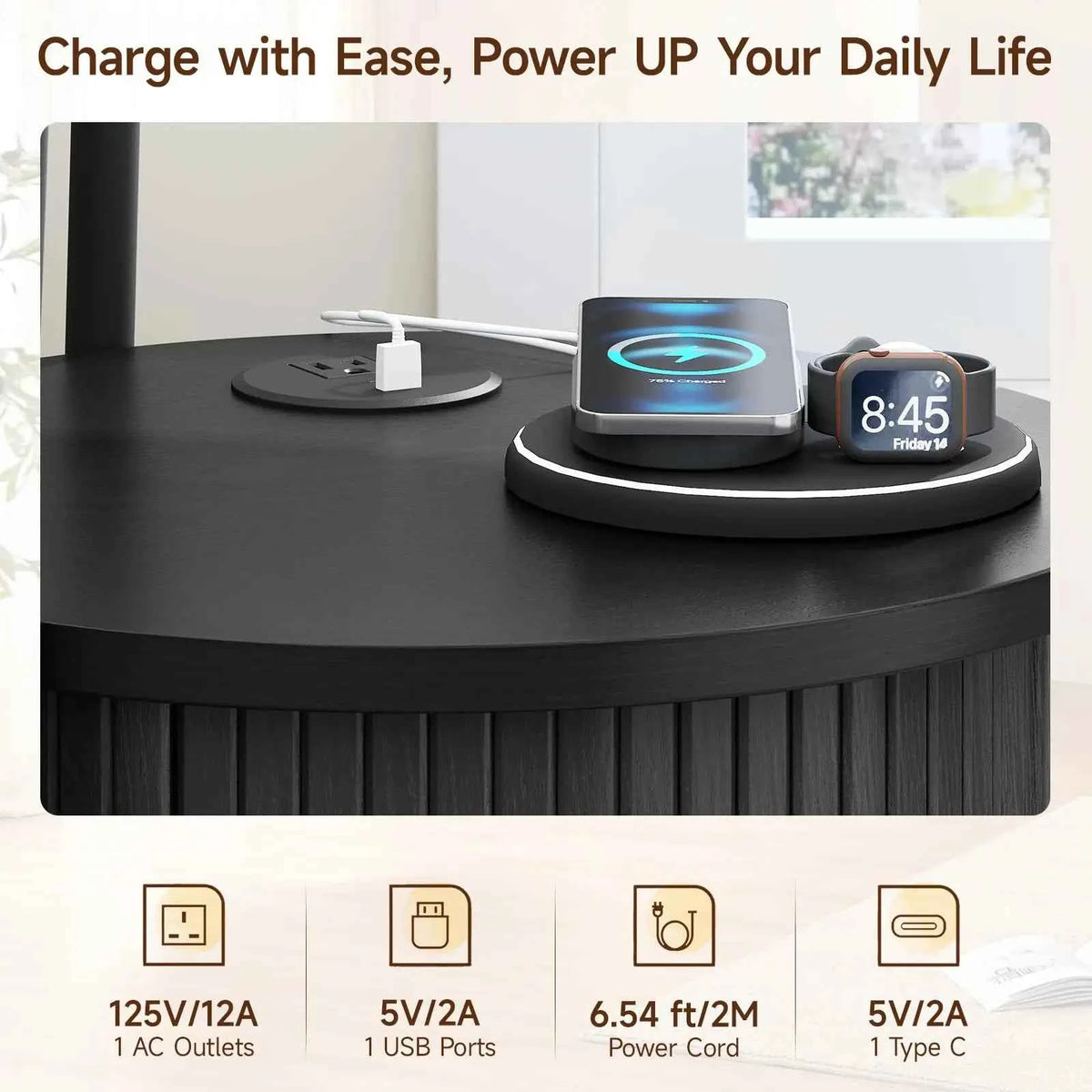 Black Small Round Side Table with Storage, Fluted Nightstand with Charging Station, Modern Bedside Tables, End Tables