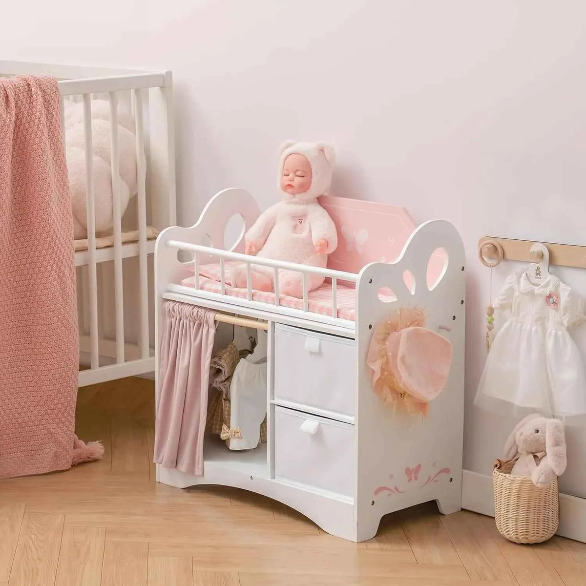 Wooden Toy Baby Crib with Storage,  Bedding. Wooden Hooks. Doll Crib will Fit Dolls up to 21 inches. Girls ages 3+  . Pink