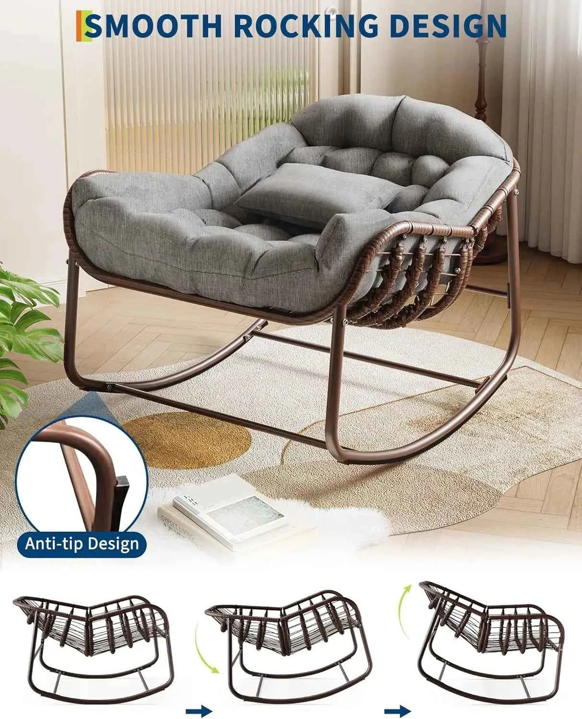 Oversized Papasan Egg Rocking Chair. Heavy-Duty Frame 300 Lb. Wicker Lounge Patio Rocker with UV-Resistant Cushion Indoor/Outdoor for Porch & Garden