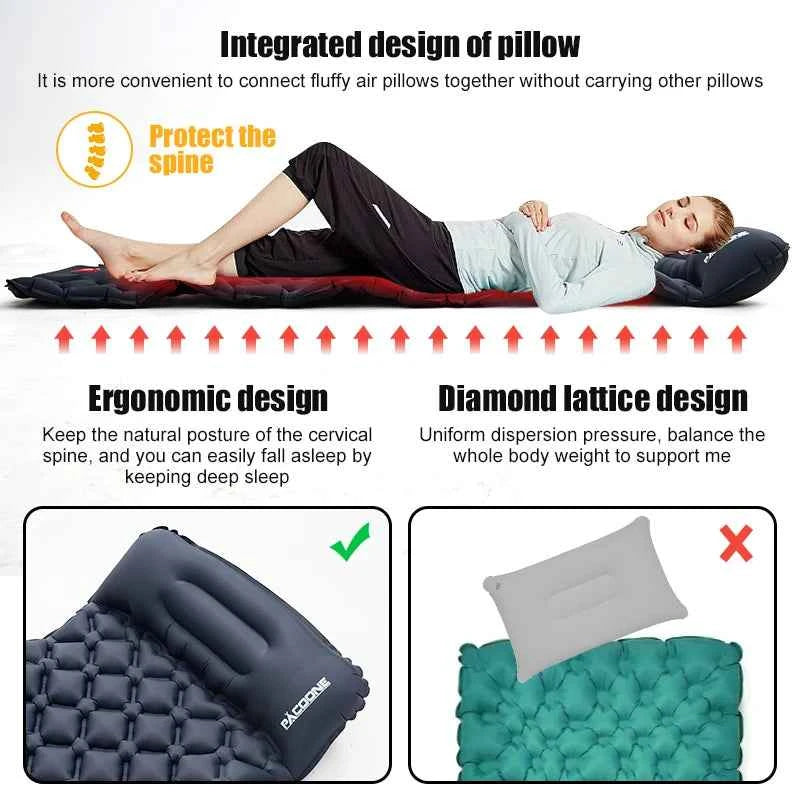 PACOONE Outdoor Sleeping Pad, Camping Inflatable Mattress,  Built-in Pump. Ultralight Air Cushion Travel Mat With Headrest For Travel