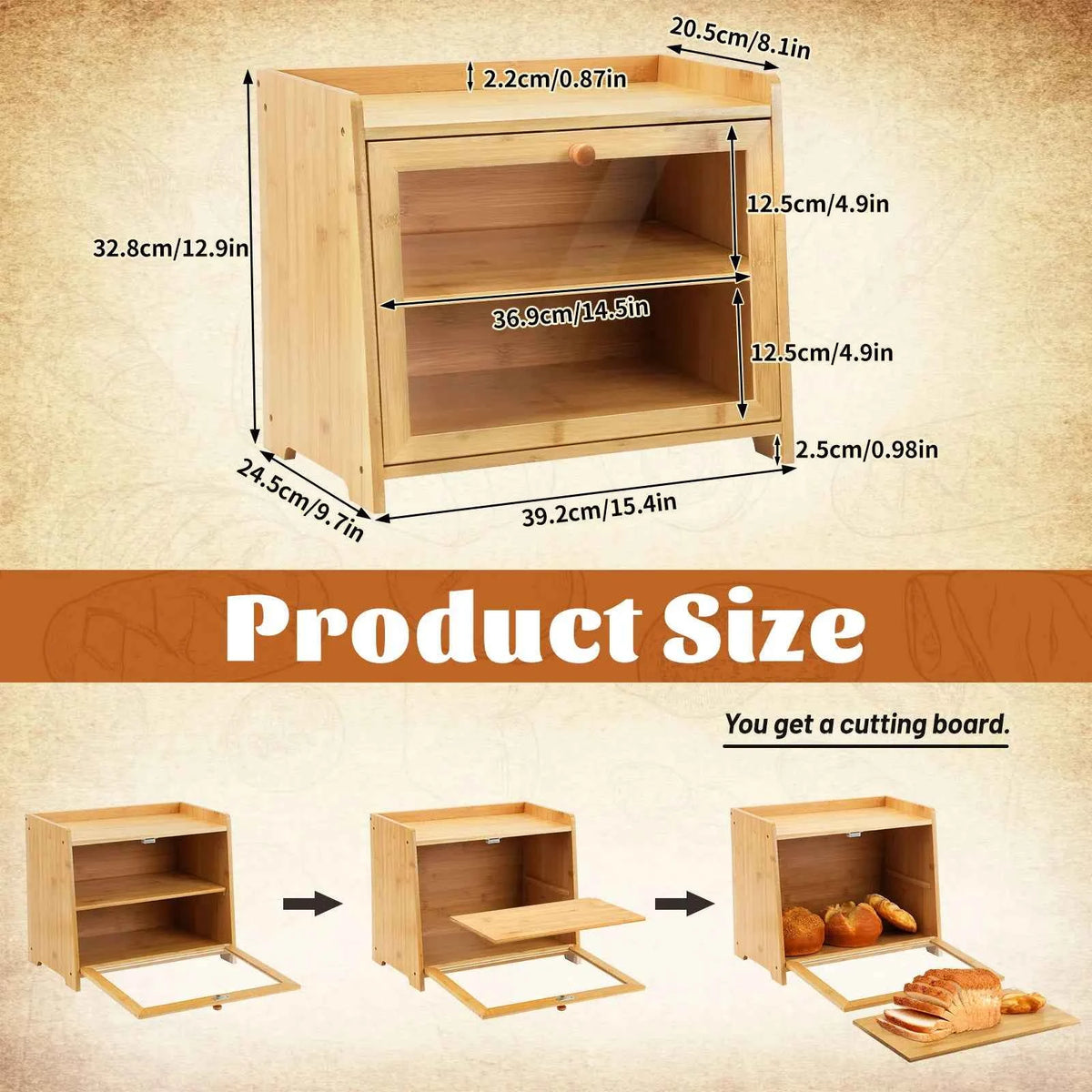 Bamboo Bread Box for Kitchen Countertop(Natural), Double Layer with Window,  Farmhouse Style Large Capacity Storage Container