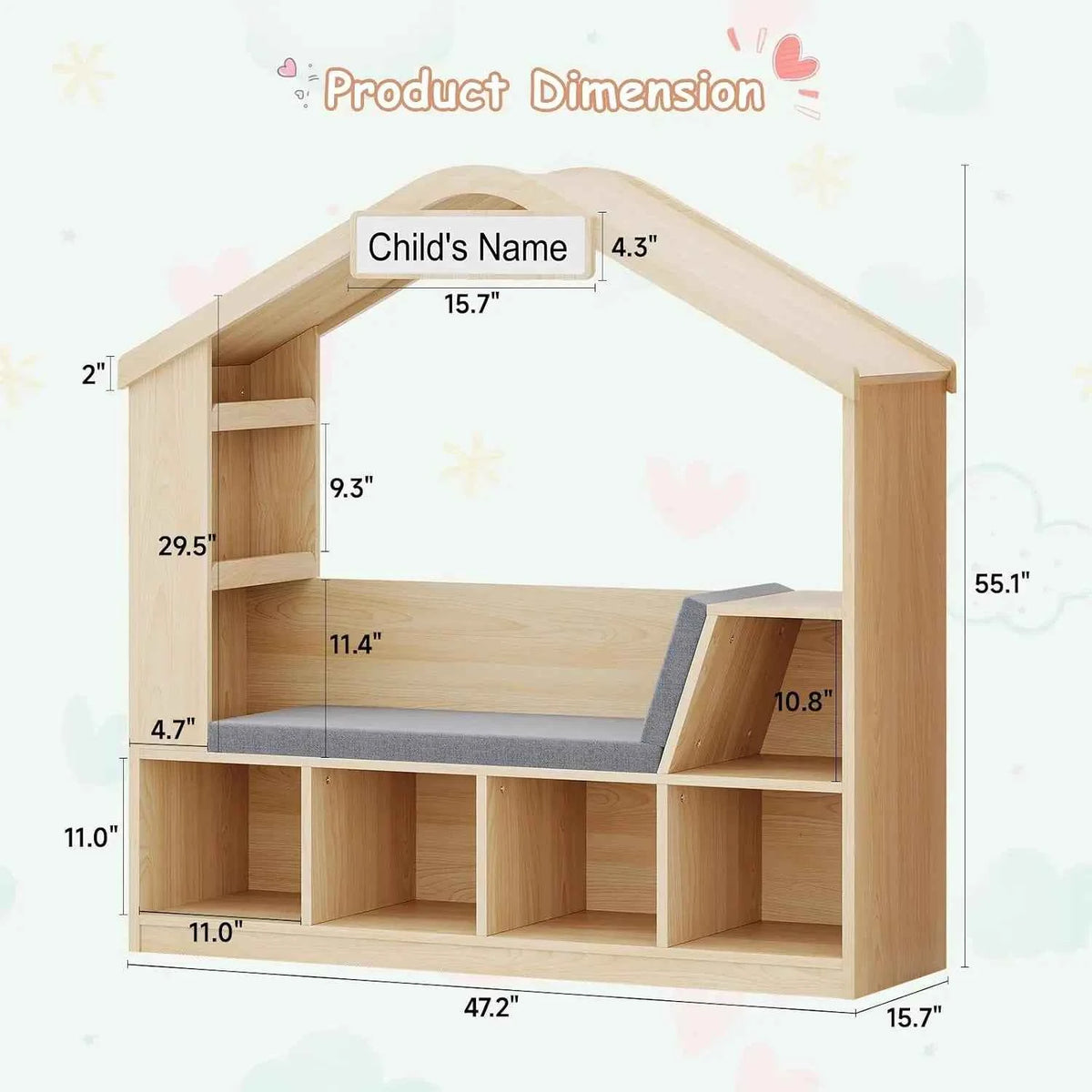 Kids Bookshelf with Reading Nook, Toy Storage Organizer