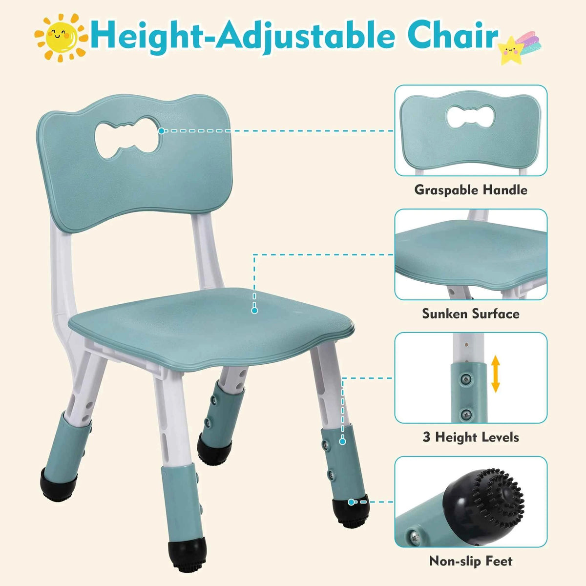 Kids 4 in 1 Table And 2 Chairs Set with Storage Toddler Desk And Chair Combo for Ages 3-10 Graffiti & Building Blocks Double-Sided. Grayish Blue
