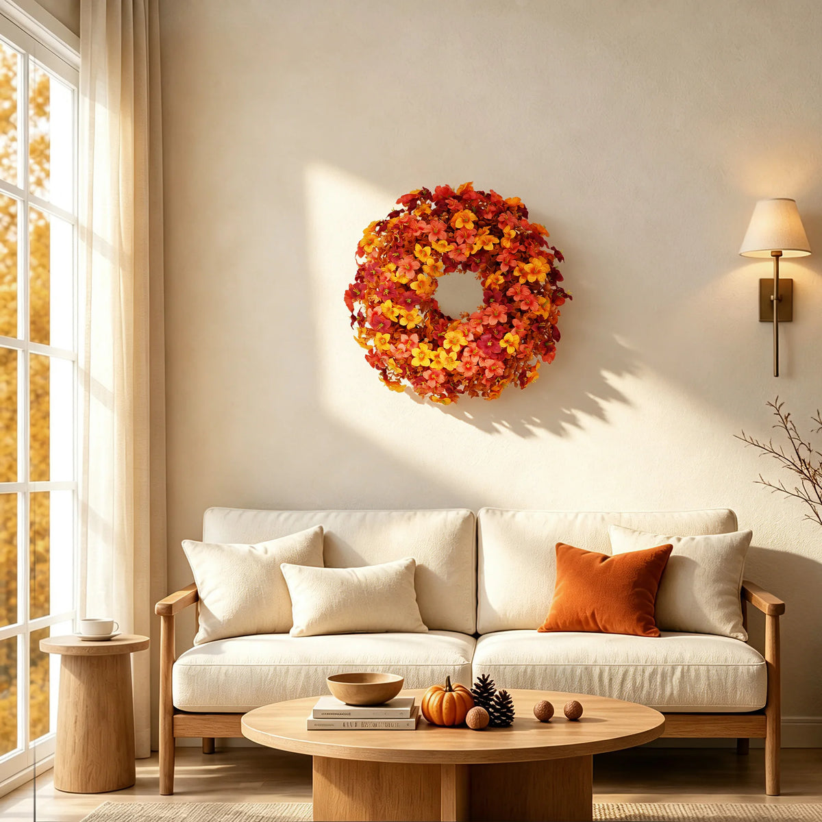 Artificial Fall Wreath 22 Inch Autumn Front Door Wreath with Orange Yellow Floral, Thanksgiving Harvest Wreath for Porch, Wall, Fireplace. or Window